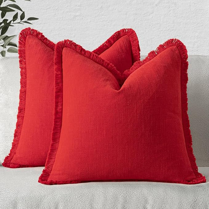 MIULEE Decorative Throw Pillow Covers Neutral Linen Fringe Throw Pillows Set of 2 Red Boho Farmho... | Amazon (US)