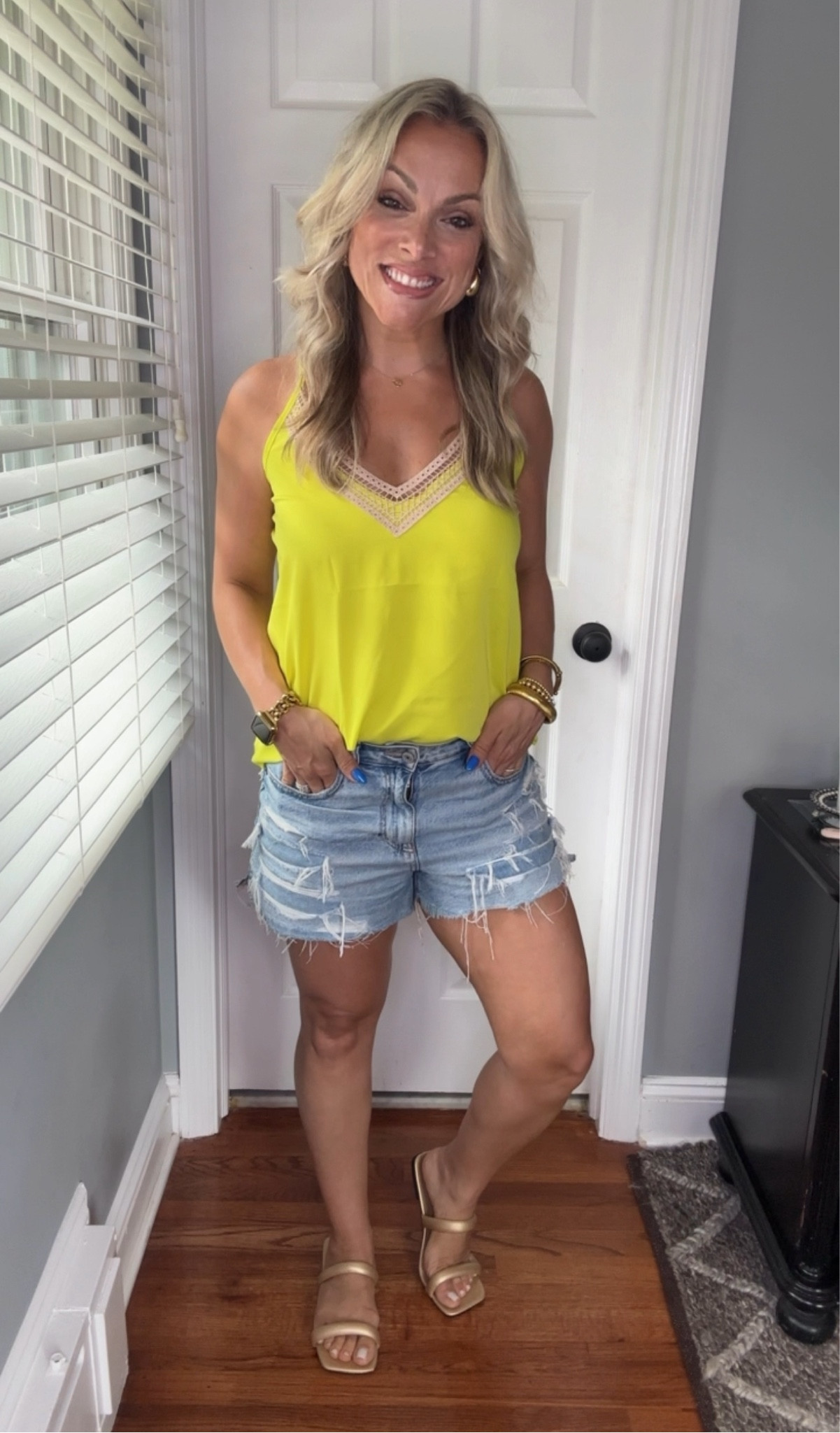 Summer look with a pop of color. I love this bright neon yellow cami with lace trim detail. Adjustable straps. Paired with these cute gold sandals. The straps are cushioned so really comfortable. Wearing a size small in tank. 

#LTKOver40 #LTKFindsUnder50