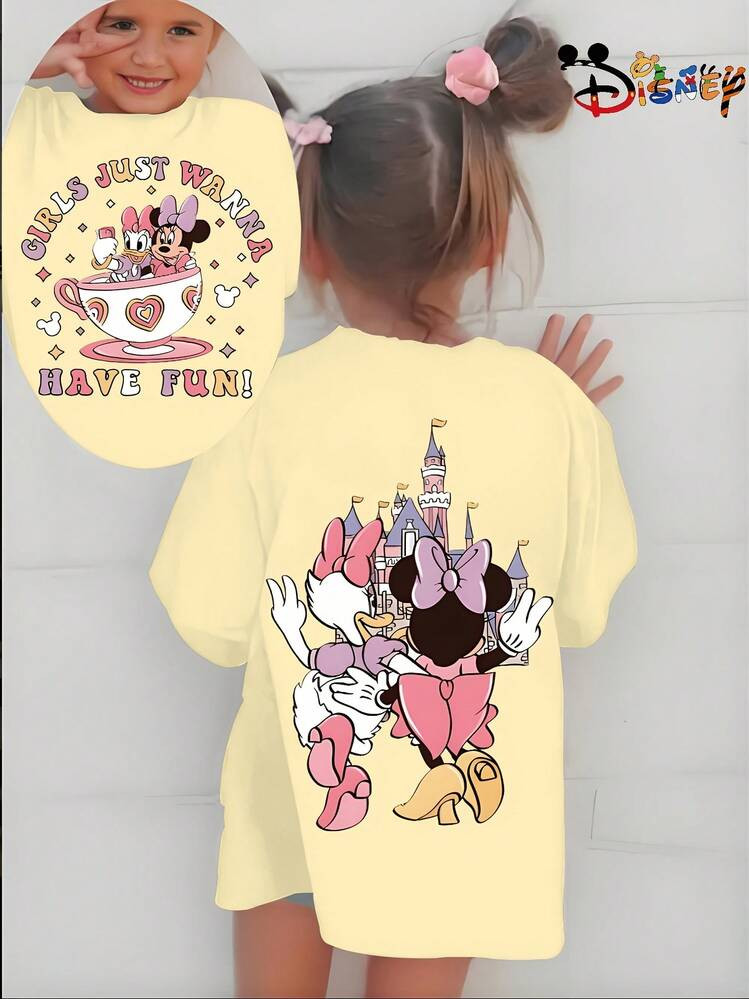Disney Officially Licensed Minnie Mouse & Daisy Duck Double-Sided Print Girls' Cute T-Shirt Soft Breathable Casual Wear For Playdates And Theme Park Fun | SHEIN