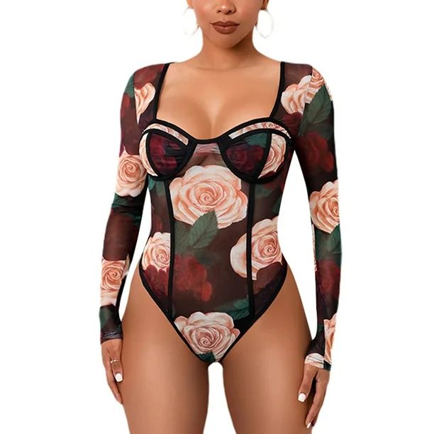 Kiapeise Women Black Rose Floral Mesh Bodysuits Sleeveless / Long Sleeve | Walmart (US)