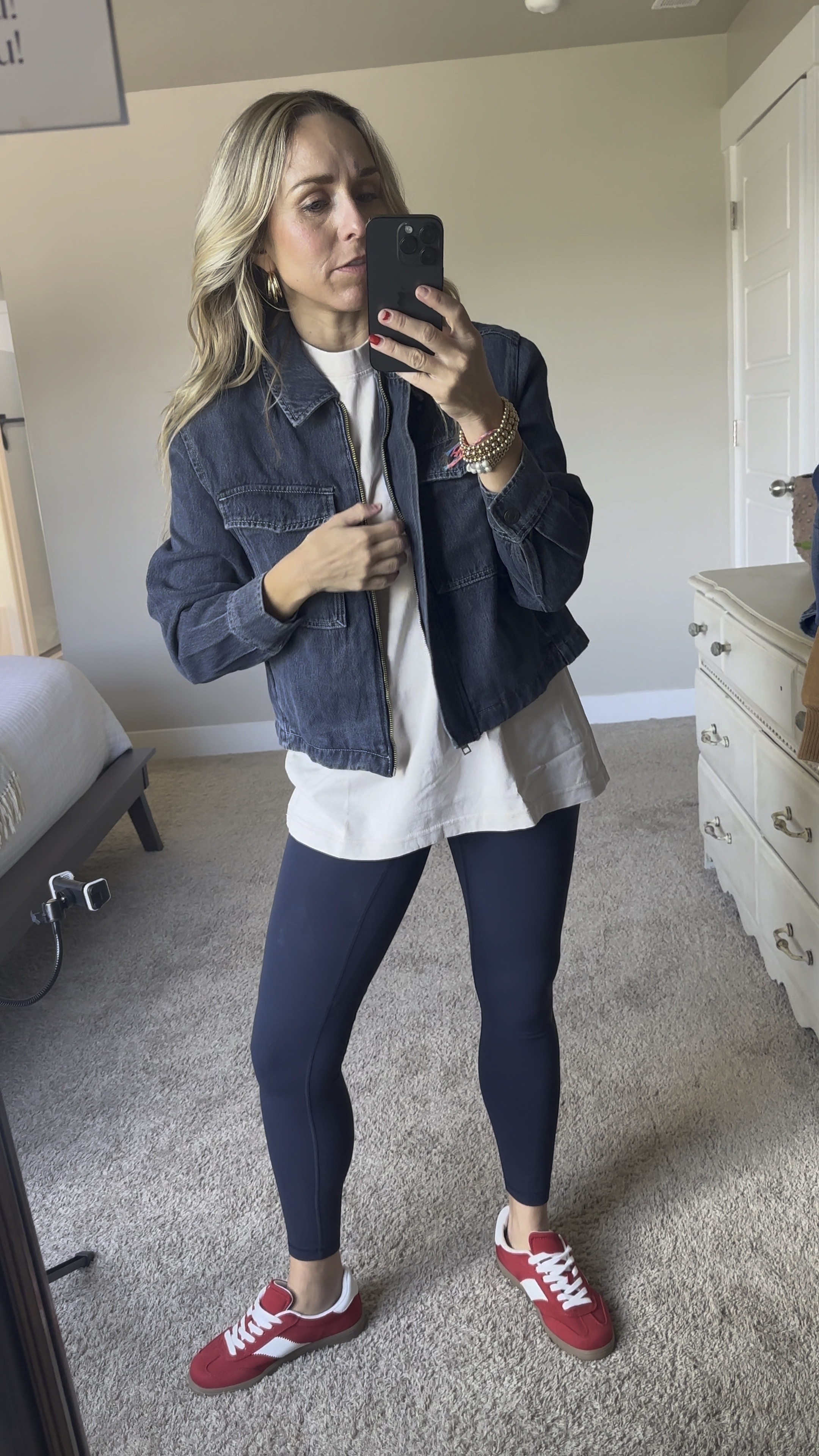 Easy fall outfit! 

Jacket: true to size 
Tee: true to size 
Leggings and shoes: true to size

#LTKSeasonal #LTKFindsUnder50 #LTKStyleTip