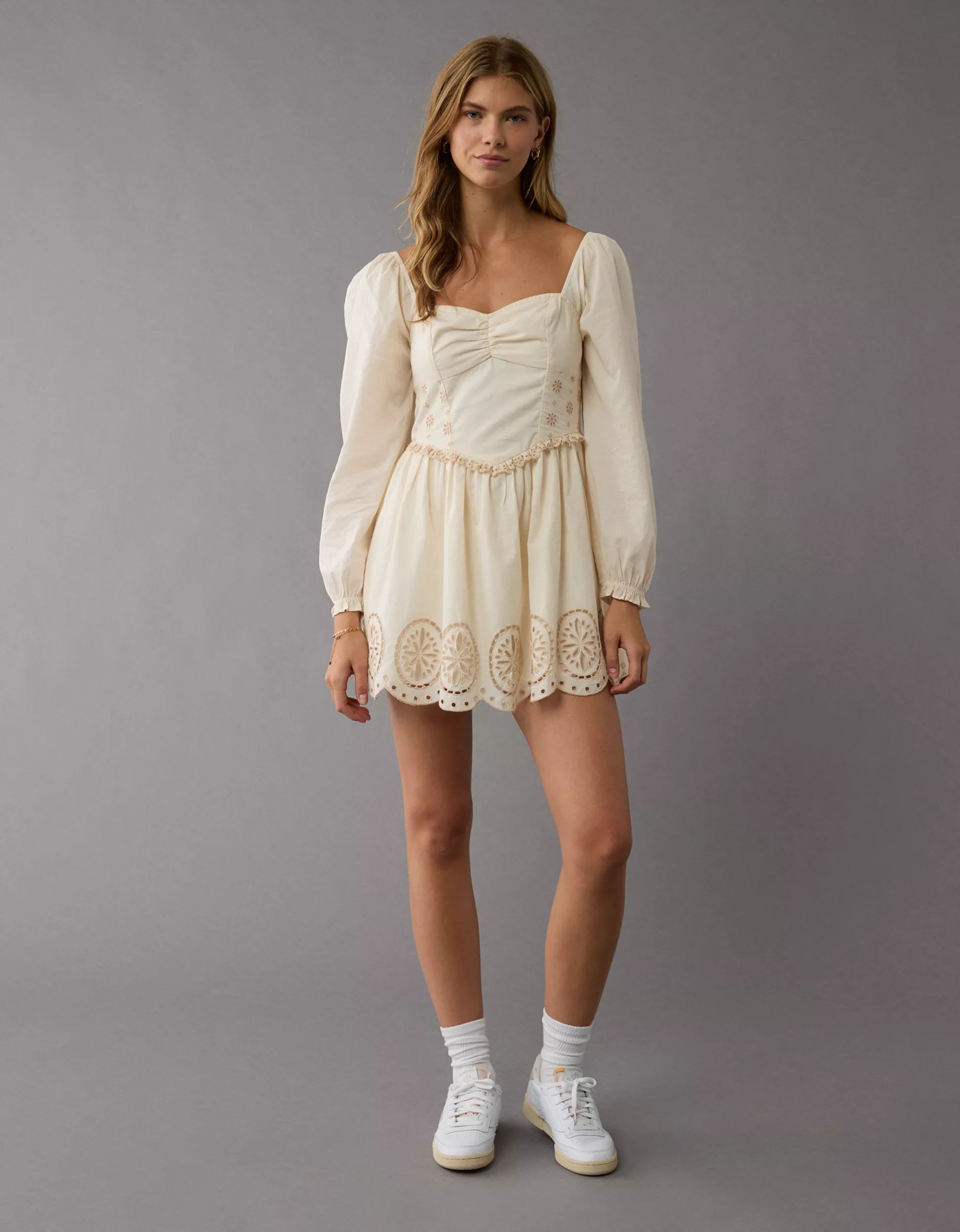 AE Long-Sleeve Sweetheart Mini Dress | American Eagle Outfitters (US & CA)