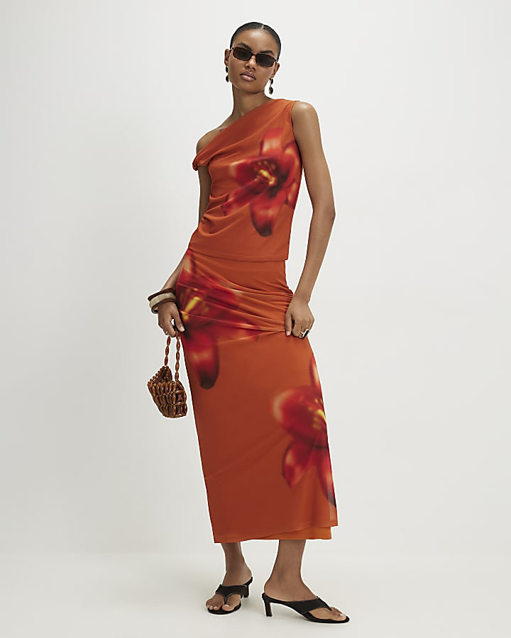 Orange Mesh Floral Print Top | River Island UK & IE