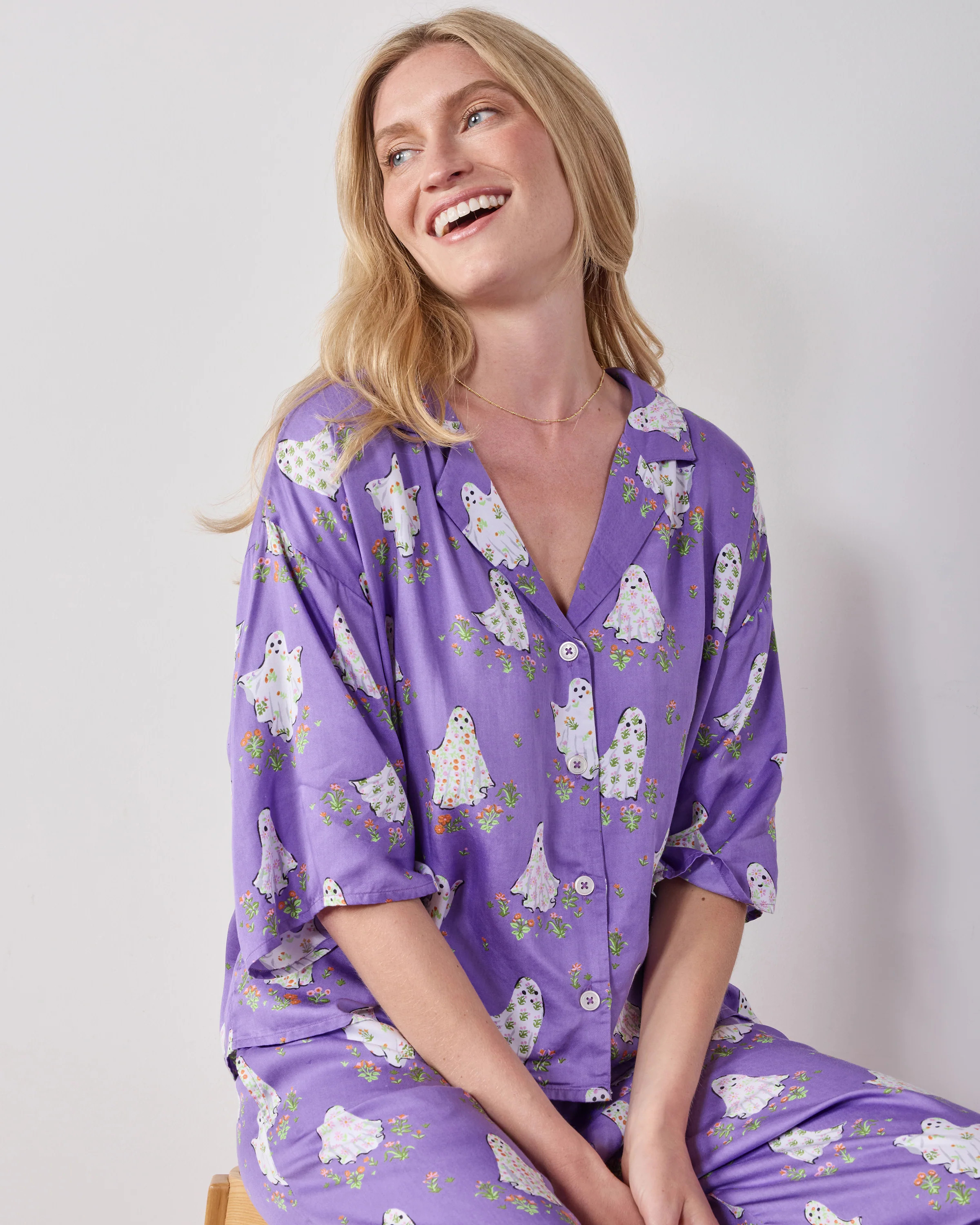 Eco Silky Short Sleeve and Pants Pajama Set in Gardening Ghosts | Women's Petite XXL/P | Purple | Halloween Sleepwear | Printfresh