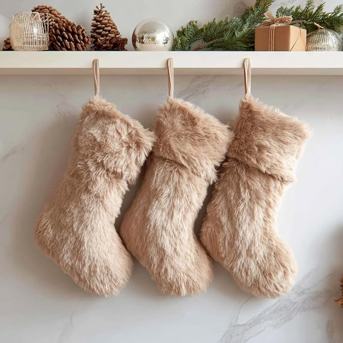 AISENO 3 Pack 18 Inch Christmas Stockings Beige Faux Fur Hanging Ornaments Candy Gift Bags for Ch... | Amazon (US)