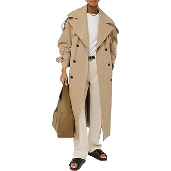 Farktop Womens Oversized Long Trench Coat Double Breasted Lapel Windproof Overcoat with Belt | Amazon (US)