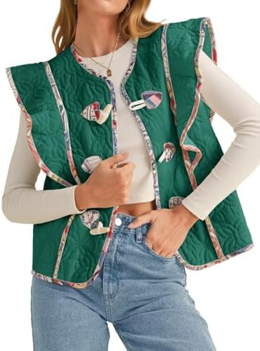Tankaneo Womens Puffer Vest Ruffle Sleeveless Floral Patchwork Quilted Vest Wooden Toggle Padded ... | Amazon (US)