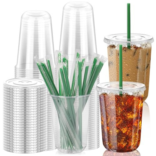 GGOLDMER 25 Set Clear Plastic Cups with Lids and Straws, 16oz Disposable Plastic Iced Coffee Cups with Lids Round Bottom for Coffee, Juice, Cold Drinks, Iced Latte | Amazon (US)
