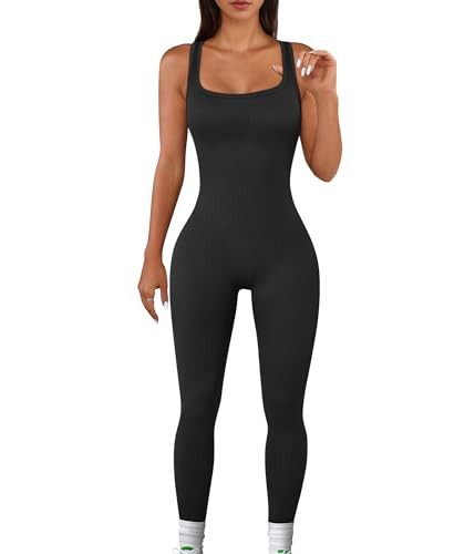 TrainingGirl Women One Piece Jumpsuit Square Neck Workout Bodysuit Ribbed Sleeveless Sports Romper Tummy Control Yoga Bodycon (Black, X-Large) | Amazon (US)