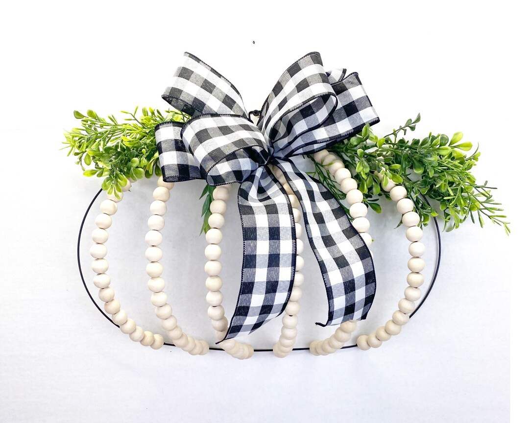 Natural Wood Bead Pumpkin Wreath, Farmhouse Wood Pumpkin Wreath, Buffalo Check and Wood Pumpkin D... | Etsy (US)