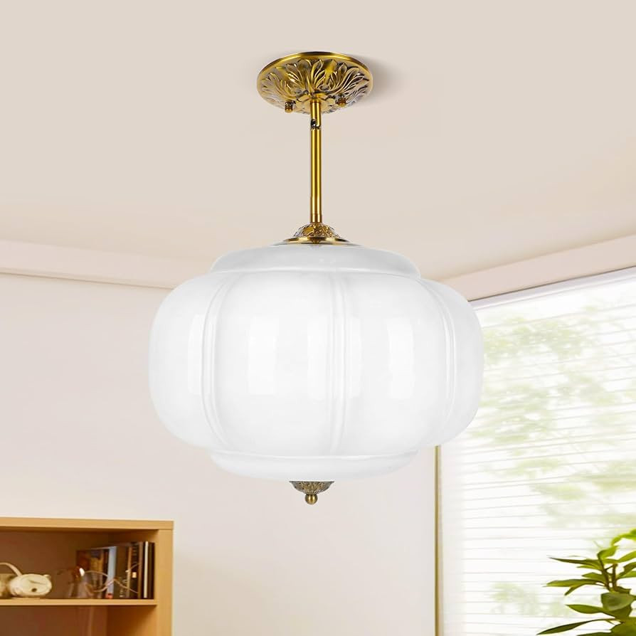 15in White Milk Glass Ceiling Light Fixture, LED Bulb Included, Vintage Semi Flush Mount Pendant ... | Amazon (US)