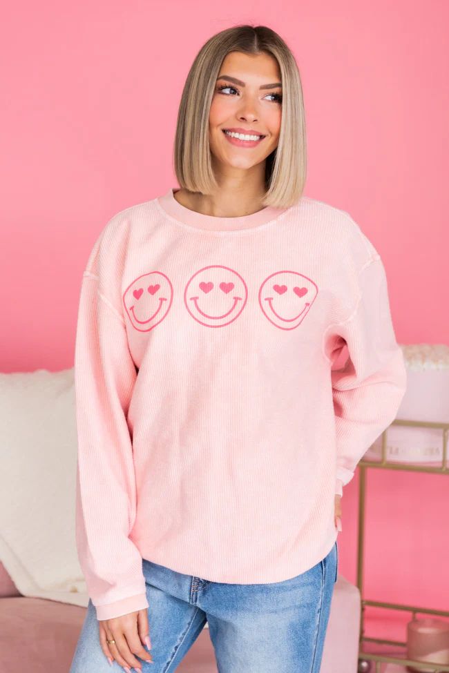 Heart Eyes Smiley Pink Corded Graphic Sweatshirt | Pink Lily