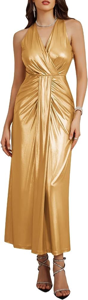 GRACE KARIN Women Sleeveless V Neck Formal Dresses Elegant Metallic Shiny Bodycon Long Maxi Dress... | Amazon (US)
