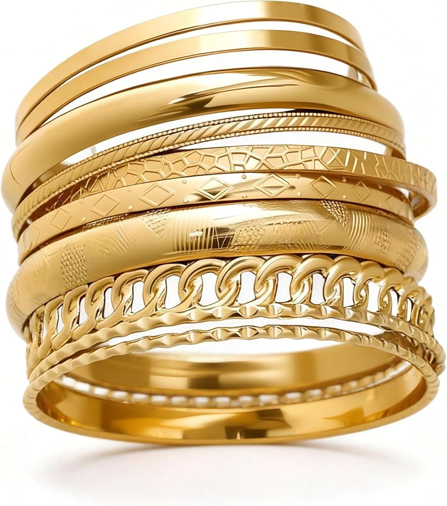 ÌF ME Gold Bangle Bracelets for Women, Indian Bangles Stackable Set, Multi Layer Textured 14K Go... | Amazon (US)