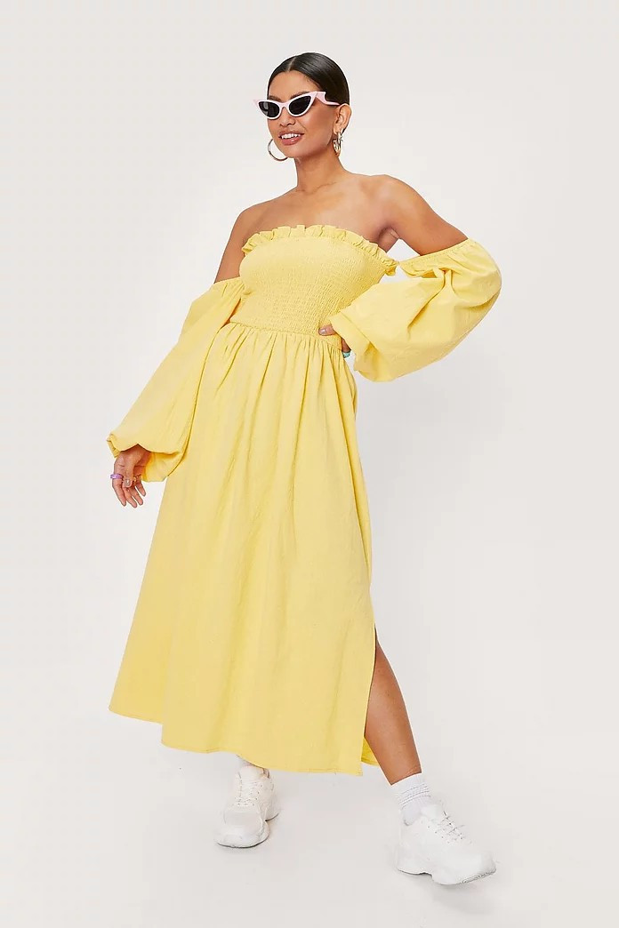 Puff Sleeve Linen Look Midi Smock Dress | Nasty Gal (US)