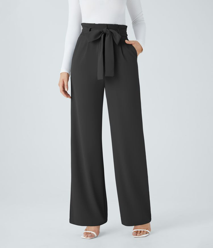 Paper Bag High Waisted Belted Pocket Wide Leg Work Pants | HALARA