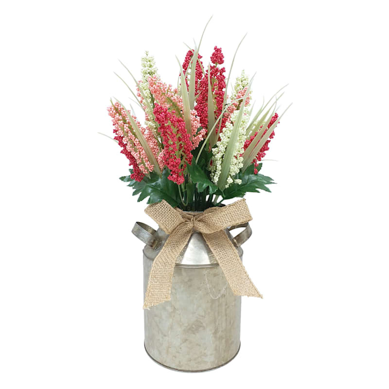 Red Heather Flowers with Galvanized Metal Planter, 15" | At Home