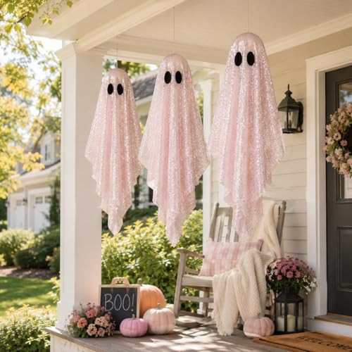 Sparkling Glitter Halloween Ghosts Outdoor Tree Decor, Hanging Spooky for Soft Pinkoween for Bedroom, Porch, Tree, Window, Entryway, Patio, Lawn, Garden - 27.5 Inch 3Pcs (Pink) | Amazon (US)