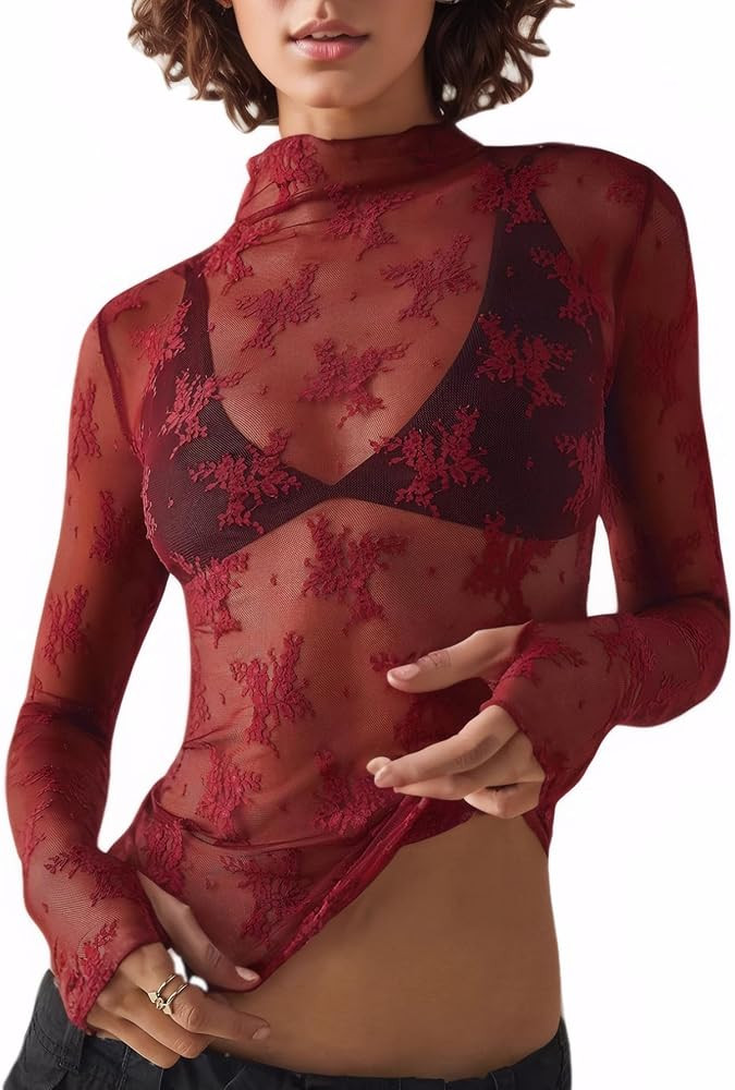 Women Sexy Lace Layering Tops Sheer Mesh Shirts Long Sleeve See Through Crop Top | Amazon (US)