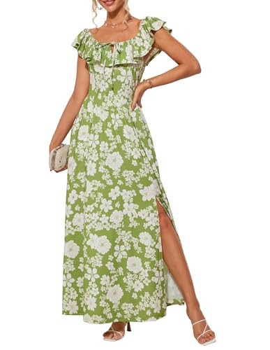Women's Spring Dresses Ruffle Off Shoulder A Line Corset Sundress Beach Long Maxi Outfits Green White S | Amazon (US)