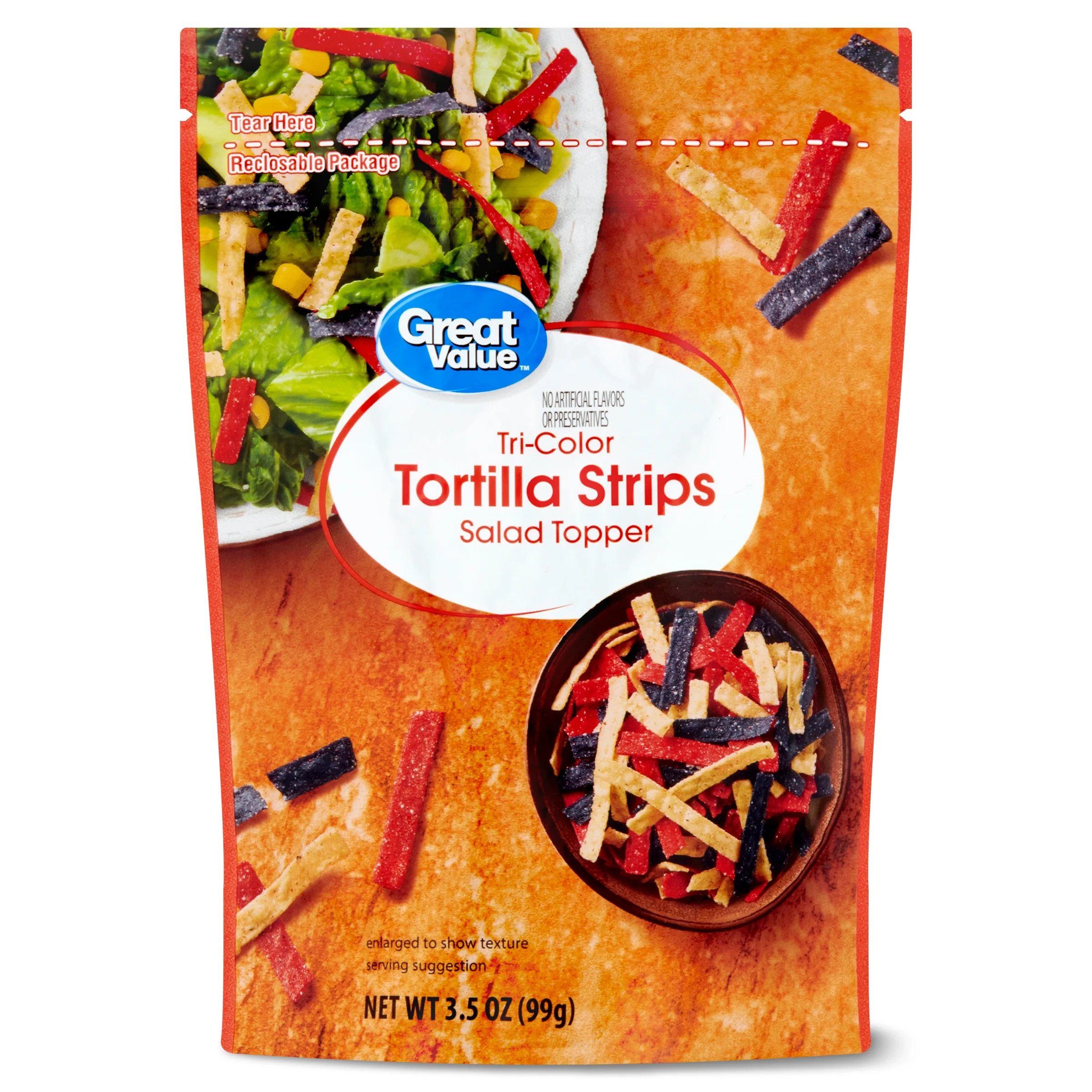 Great Value Tri-Color Tortilla Strips Salad Topping, 3.5 oz Resealable Bag | Walmart (US)