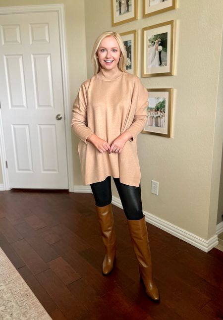 Wearing a small in sweater and SP in leggings | thanksgiving outfit, fall outfit, fall sweater, neutral sweater, tunic, leather leggings, faux leather leggings 

#LTKSeasonal #LTKfindsunder100 #LTKstyletip