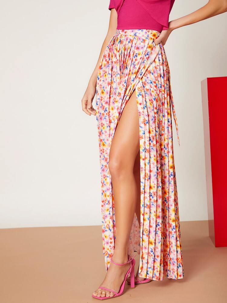 SHEIN High Waist Allover Floral Print Pleated Split Thigh Skirt | SHEIN