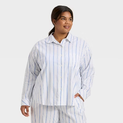 Women's Striped Cotton Blend Long Sleeve Pajama Shirt - Auden™ White 2X | Target