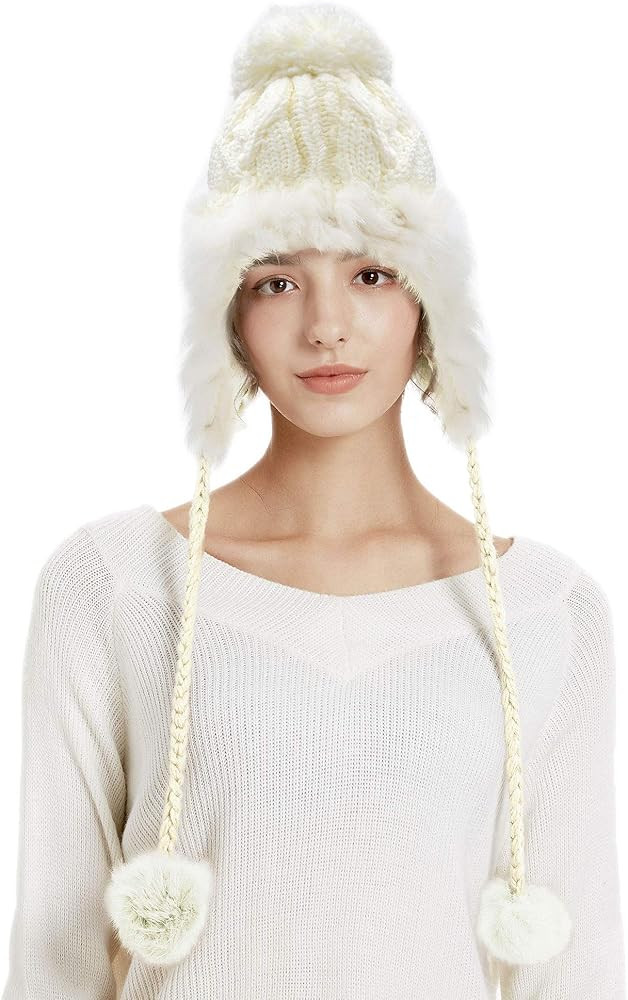 Zecmos Winter Skull Beanie Hat Women Faux Fur Knit Warm Soft Ski Cap Fleece Ear Flaps | Amazon (US)