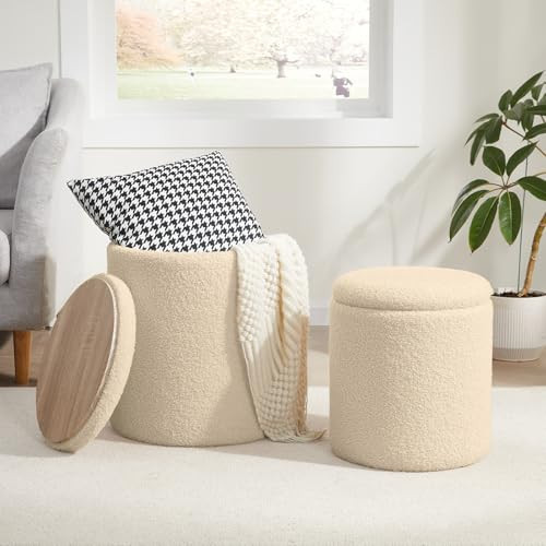 Royal Windsor Boucle Round Ottoman with Storage Set of 2,Small Foot Stool Ottoman for Living Room, Small Coffee Table,Vanity Stool with Storage for Bedroom, Beige | Amazon (US)