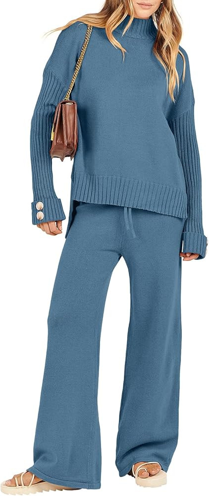 ANRABESS Women's Two Piece Outfits Sweater Sets Long Sleeve Knit Pullover and Wide Leg Pants Loun... | Amazon (US)