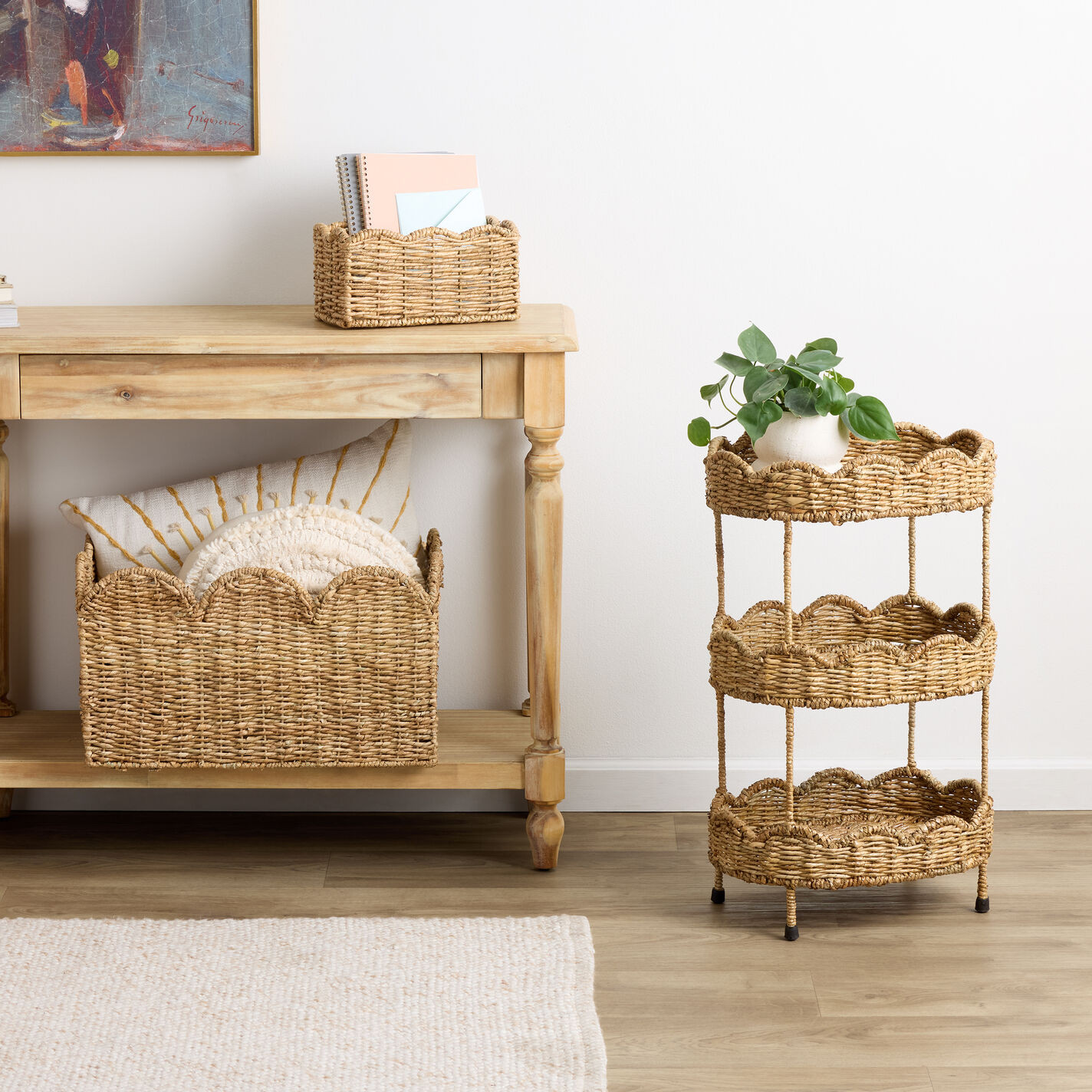 Daisy Oval Seagrass Scalloped 3 Tier Storage Tower | World Market