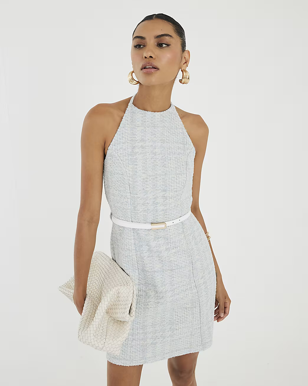 Blue Halter Neck Boucle Belted Mini Dress | River Island UK & IE