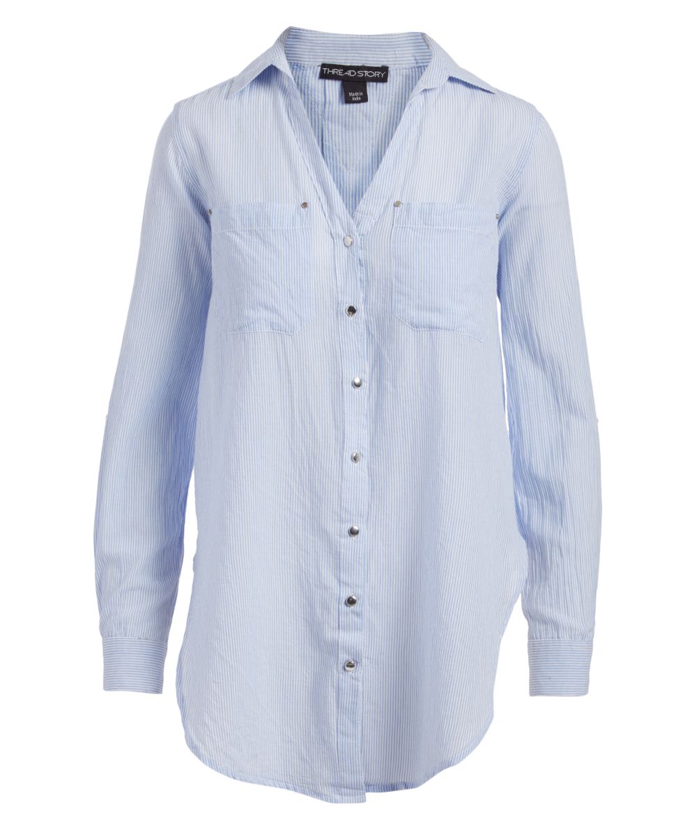 Thread Story Women's Button Down Shirts BLUE/WHITE - Blue & White Pin Stripe Button-Up Top - Women | Zulily