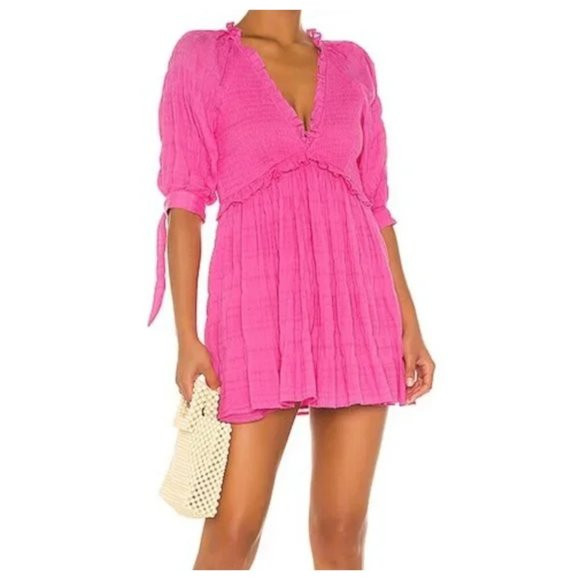 Lovers + Friends Finnegan Hot Pink Smocked Mini Dress V Neck Ruffle Lightweight | Poshmark