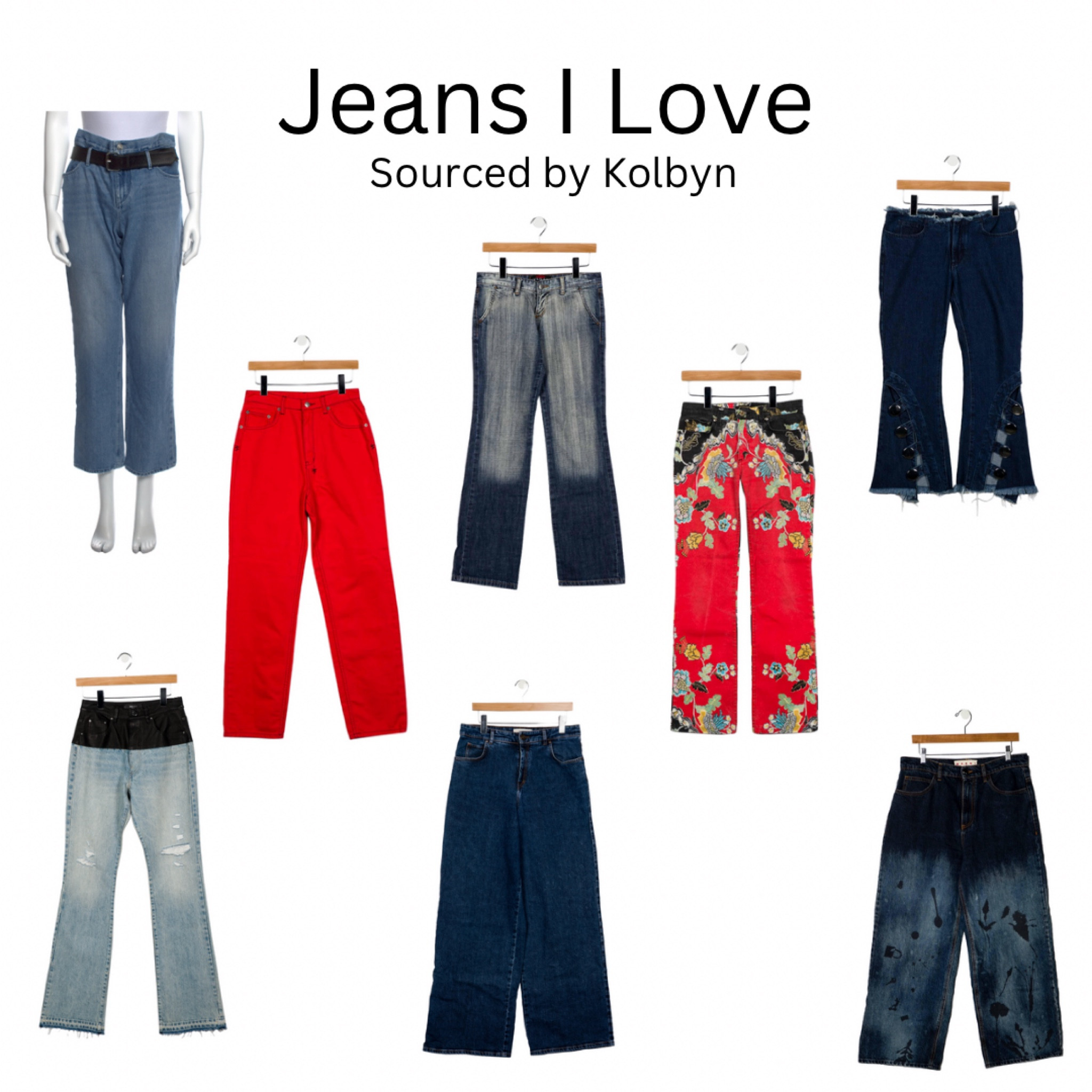 Jeans I love, red and dark denim with fun designs and details 👖 