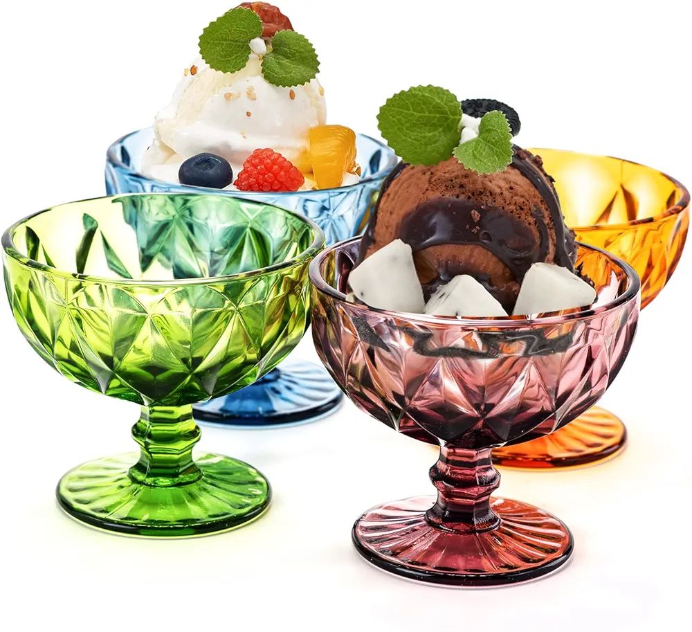 TIMEFOTO Ice Cream Glass Bowls Set of 4 Colored Dessert Bowls 7.5 Oz Vintage Diamond Glass with F... | Amazon (US)