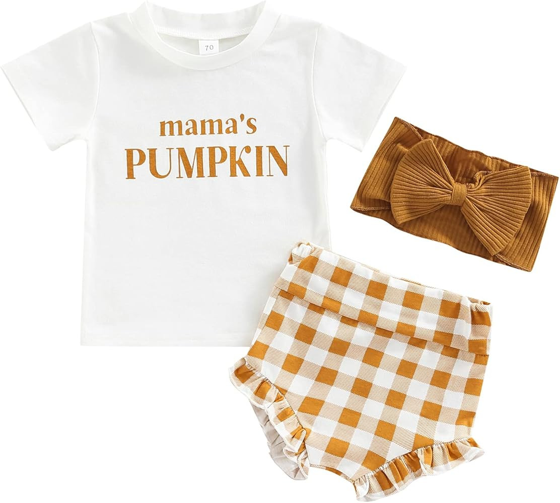 3Pcs/Set Baby Girl Mama's Pumpkin/Santa Baby T-Shirt Top High Waist Plaid Shorts Headband Hallowe... | Amazon (US)