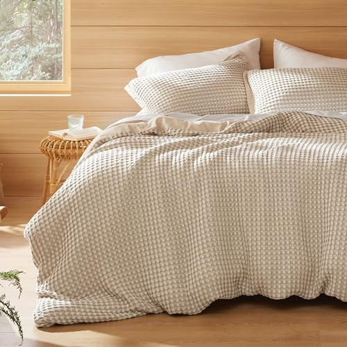 Bedsure Cooling Cotton Duvet Cover King - Taupe Waffle Duvet Cover Set, Blend Rayon Derived from Bamboo for Hot Sleepers, Breathable Bedding Set with a Vintage Charm, 3 Pieces (King, 104"x90") | Amazon (US)