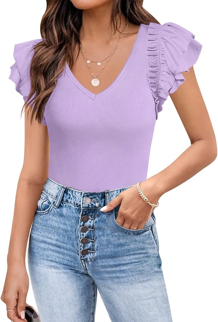 DOROSE Womens Summer Tops Sexy V Neck Casual Ruffle Short Sleeve Shirts Blouses | Amazon (US)