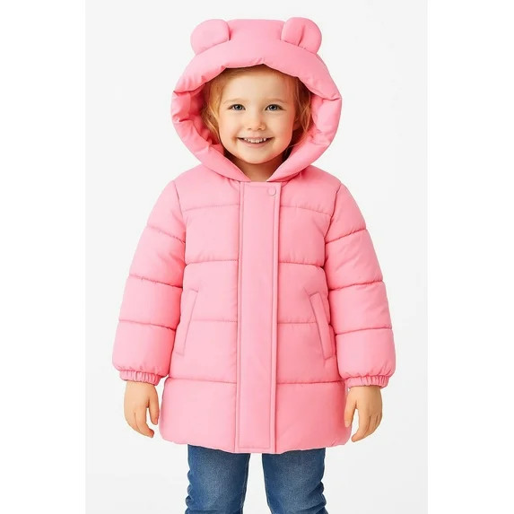 HILEELANG Girls Light Pink Mid-Length Puffer Coat – Warm Quilted Winter Jacket with Cute Bear E... | Walmart (US)