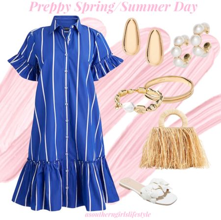 Preppy Classic Dressy Casual

Blue Striped Flouncy Ruffle Shirtdress, Gold Hoop Earrings, Pearl Hoops, Gold Bangle Bracelet, Gold Pearl Bracelet, Fringe Straw Bag & Floral Sandals

Spring Outfit. Resort Wear. Summer.  Brunch. Party. JCrew. Target. Loft  

#LTKstyletip #LTKSeasonal #LTKitbag