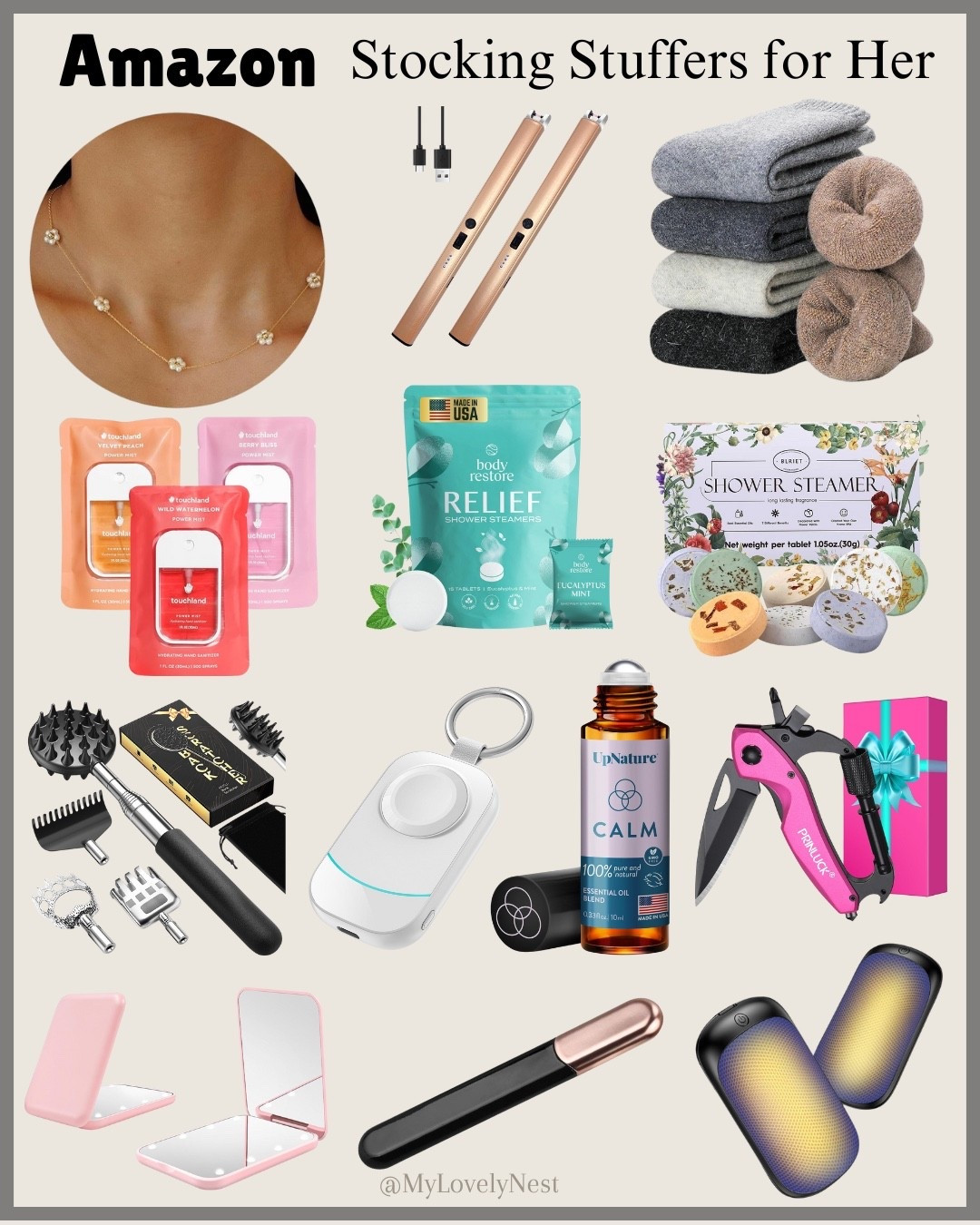 These Amazon stocking stuffers are thoughtful, useful, and perfect for everyday moments. 

Candle Lighter, Body Restore Shower Steamers Aromatherapy 15 Pack, Shower Steamers Aromatherapy, Calm Essential Oil Roll On, Telescoping Back Scratcher with 5 Detachable Scratching Heads, Wool Socks for Women Hiking Thermal Warm Winter Thick, Pearl Necklaces for Women, Pocket Mirror, Multitool for Woman, Hydrating Hand Sanitizer Spray, Portable Charger with Keychain for Apple Watch, Portable Electric Hand Warmers, Glass Nail File with Case #giftidea #founditonamazon #Stocking stuffer for her.

#LTKFindsUnder50 #LTKBeauty #LTKGiftGuide