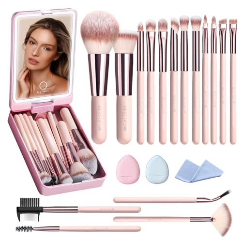 Makeup Brushes with Case, 20PCs Travel Makeup Brush Set, Foundation Concealer Blush Eyeshadow Brush Set Contour Powder Eyebrow Eyelash Brush Kit with Led Light Mirror Holder & 2 Powder Puff-Pink | Amazon (US)
