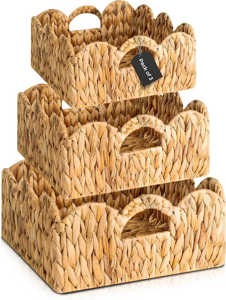 Elegante juego de 3 cestas de mimbre festoneado con asas, juego de 3 cestas de jacinto de agua te... | Amazon (US)