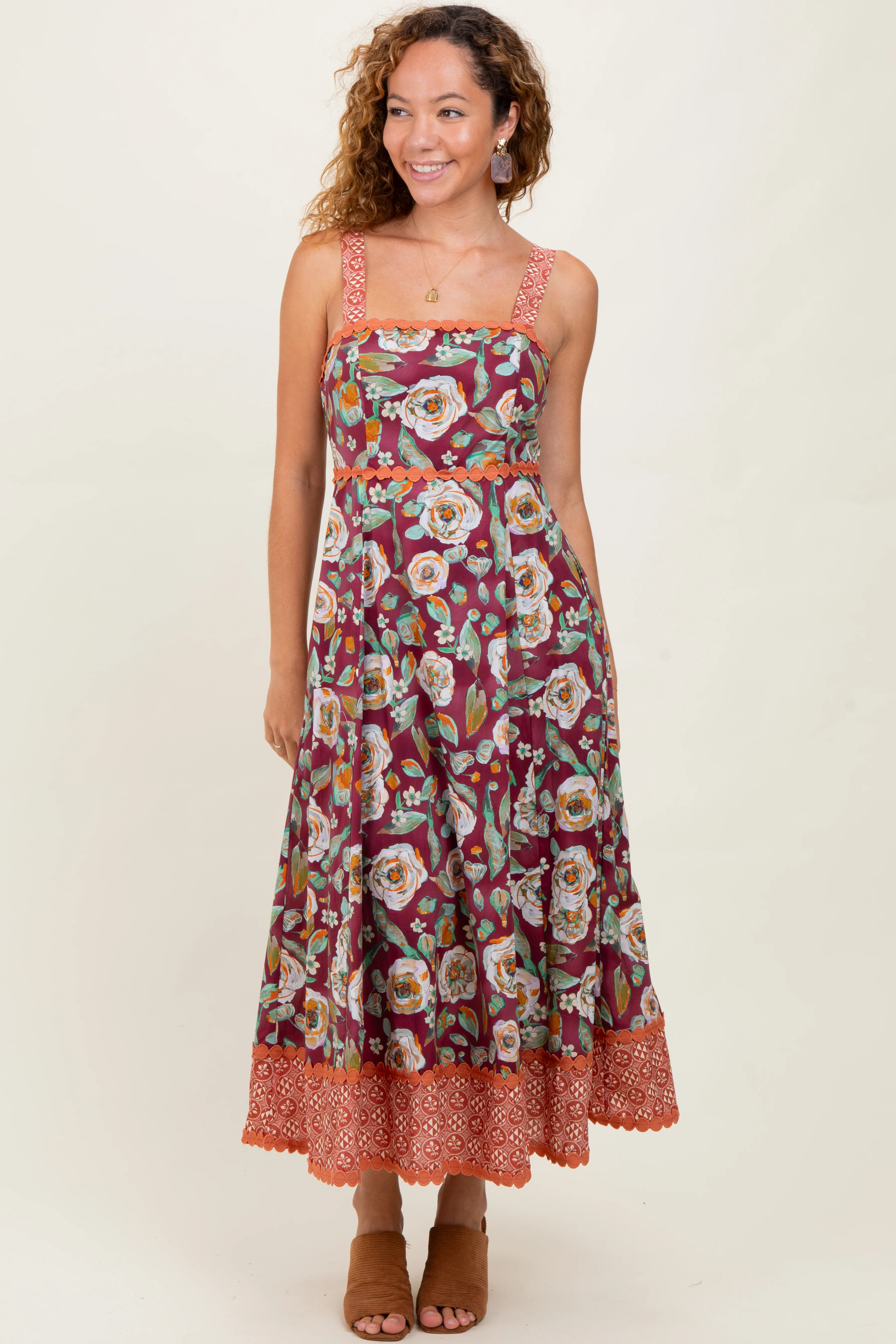 Burgundy Floral Contrast Print Sleeveless Midi Dress | PinkBlush Maternity