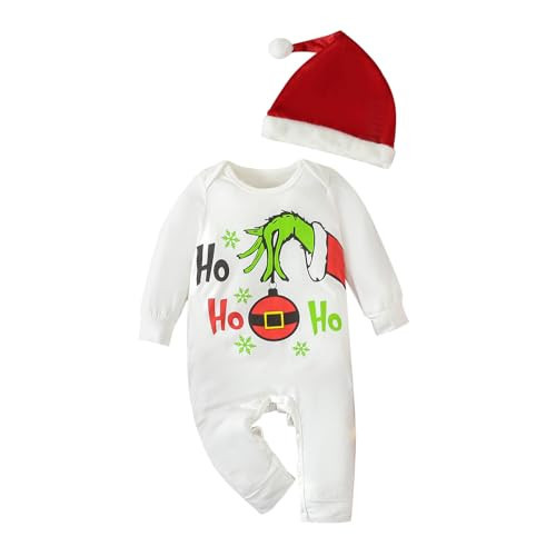 Infant Baby Girl Boy Christmas Outfits Long Sleeve Jumpsuit Grinch Bodysuit Button Down Bodysuit + Hat 2Pcs (White Grinch, 3-6 Months) | Amazon (US)