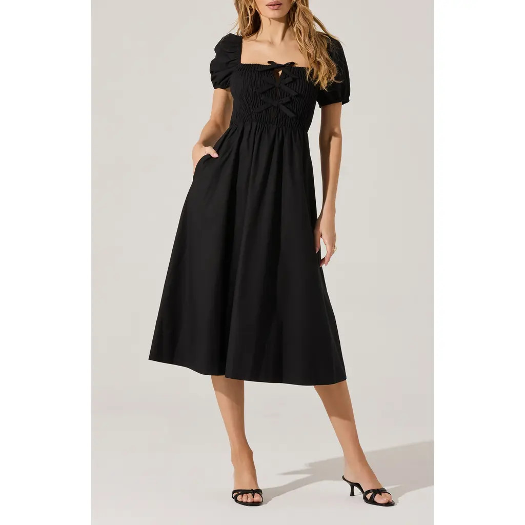 ASTR the Label Bow Detail Smock Bodice Cotton Blend Dress in Black at Nordstrom Rack, Size Small | Nordstrom Rack