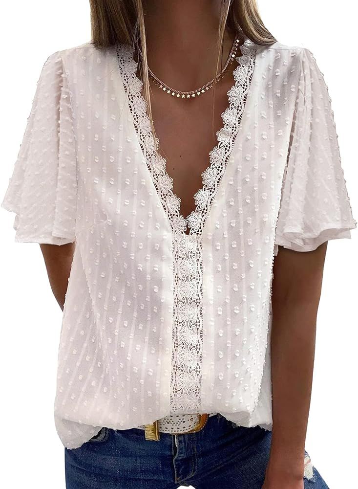 Ecrocoo Womens Sexy V Neck Short Sleeve Lace Summer Shirts Blouses Vintage Elegant Tunic Tops | Amazon (US)