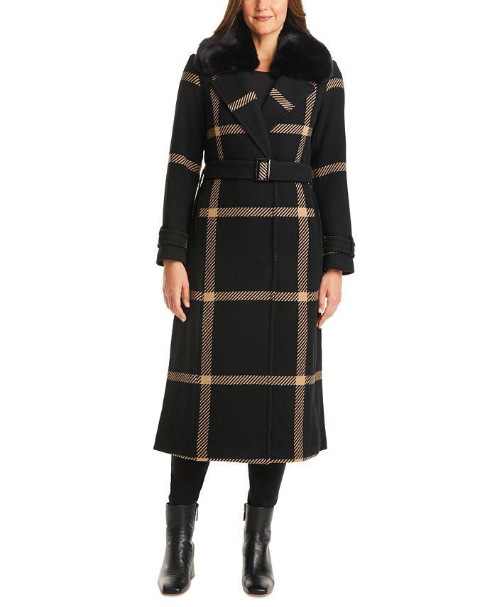 Women's Faux-Fur-Collar Plaid Maxi Wrap Coat | Macys (US)
